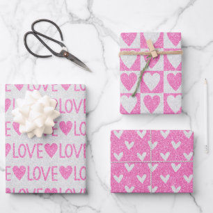 Valentine's Day Birthday Pink White Glitter Hearts Wrapping Paper Sheet