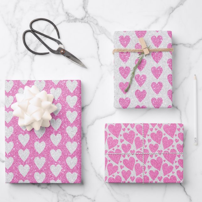 Valentine's Day Birthday Pink White Glitter Hearts Wrapping Paper Sheet (Front)