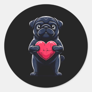 Valentines Day Black Pug Heart Funny Dog Mom Dad F Classic Round Sticker