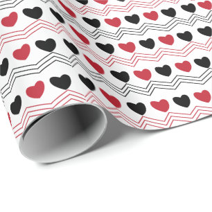 Valentines Day Black Red Heart Chevron Stripe  Wrapping Paper