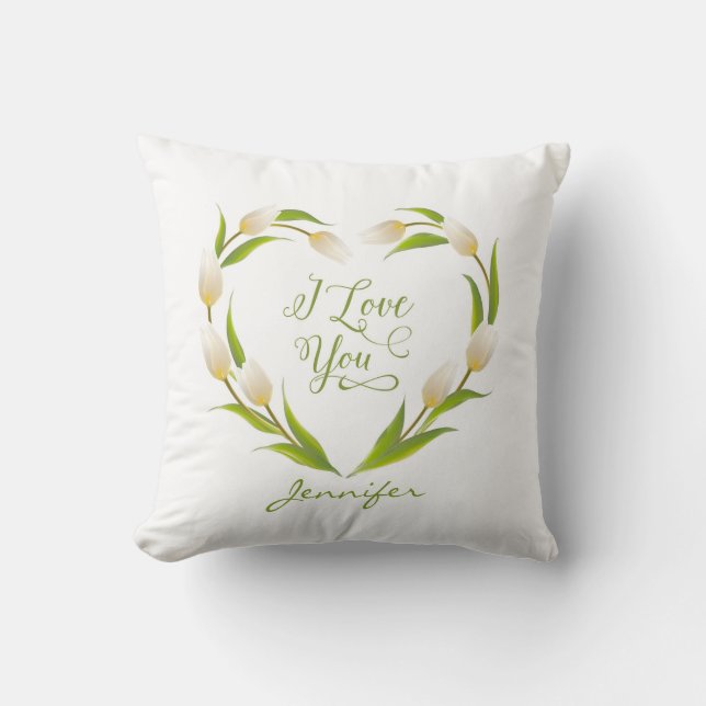 Valentine's Day Blooming Tulip Heart Green Pink Cushion (Front)