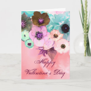 VALENTINE'S DAY BLUE PINK ROSES, ANEMONE FLOWERS HOLIDAY CARD