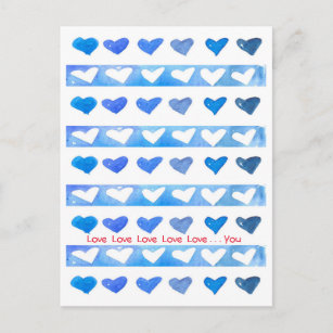 Valentine's Day Blue Watercolor Hearts Love You Holiday Postcard