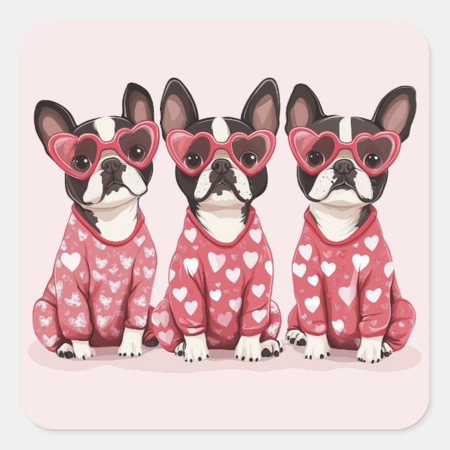 Valentines Day Boston Terrier Dogs Square Sticker (Front)