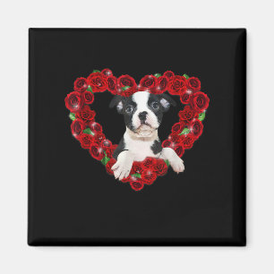 Valentines Day Boston Terrier Heart Roses Gift Dog Magnet