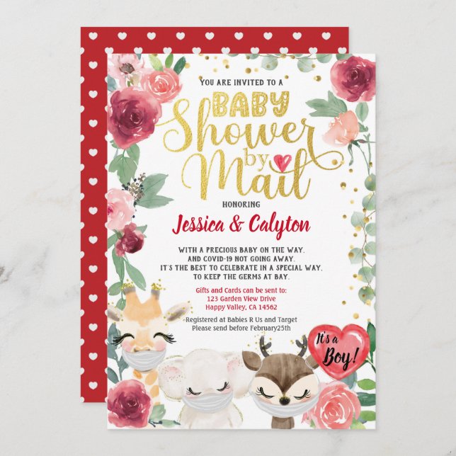 Valentines Day Boy Baby Shower By Mail Red Rose Invitation (Front/Back)