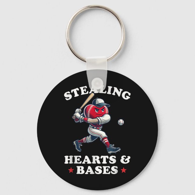 Valentines Day Boys Baseball Player Stealing Heart Key Ring (Front)