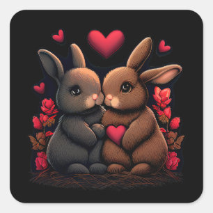 Valentine's Day Bunny Bliss, Love Hearts and Roses Square Sticker