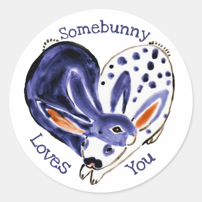 Valentine's Day Bunny Rabbit Heart Love Blue Cute Classic Round Sticker (Front)