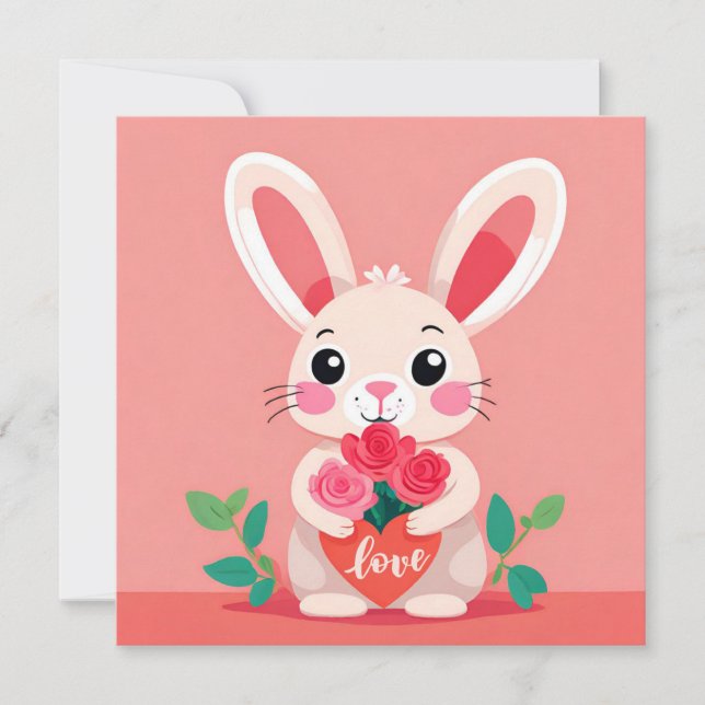 Valentine's Day Bunny with Roses  Holiday Card (Front)