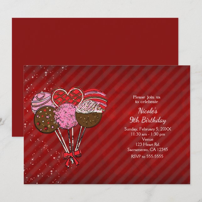 Valentine's Day Cake Pops Birthday Party Invitation (Front/Back)