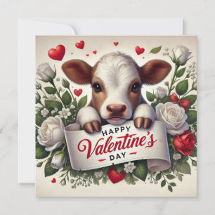 Valentine's Day Calf with Floral Arrangement  Holiday Card