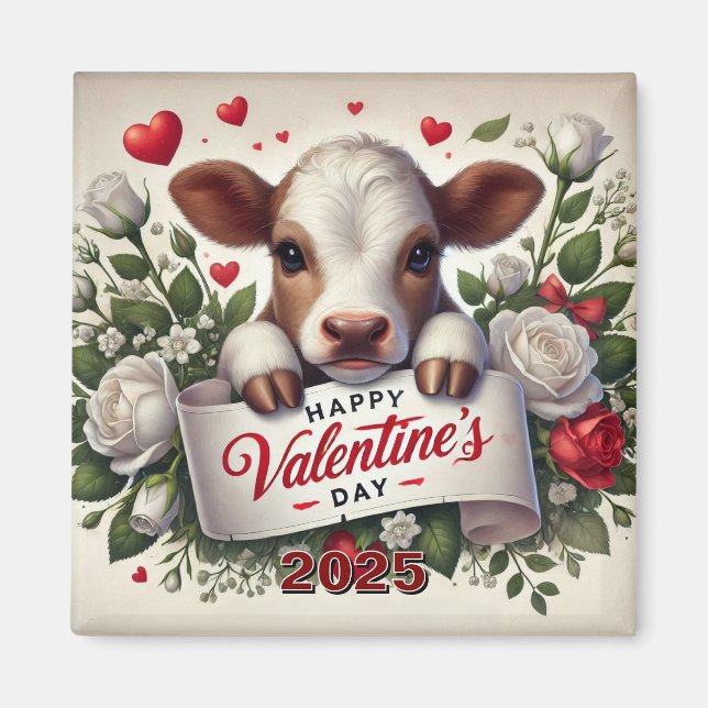Valentine's Day Calf with Floral Arrangement  Magnet (Front)
