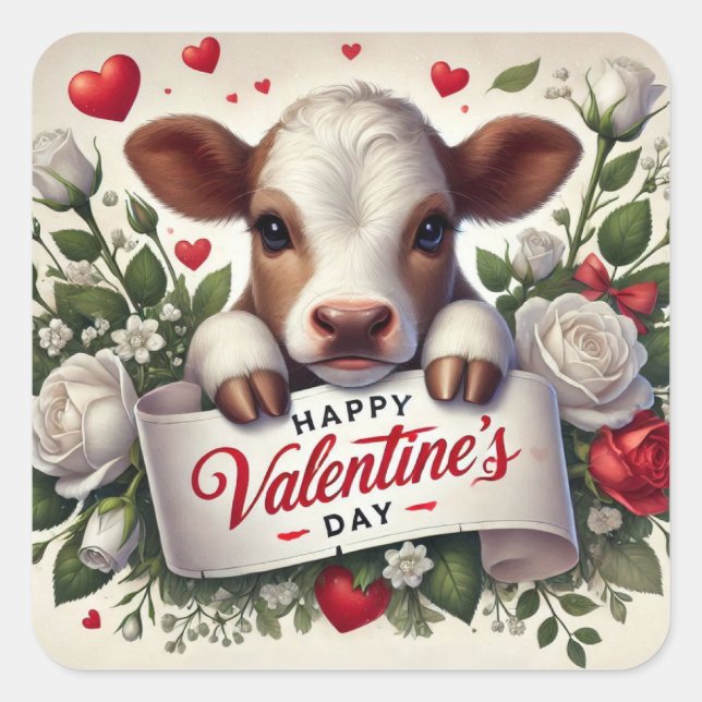Valentine's Day Calf with Floral Arrangement  Square Sticker (Front)