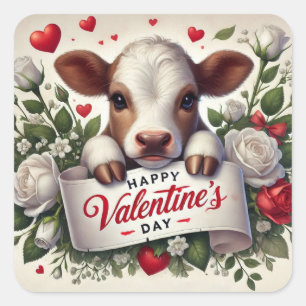 Valentine's Day Calf with Floral Arrangement  Square Sticker