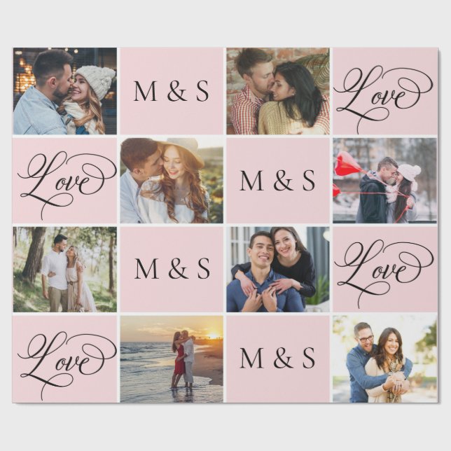Valentine's Day Calligraphy Photo Collage Wrapping Paper (Flat)