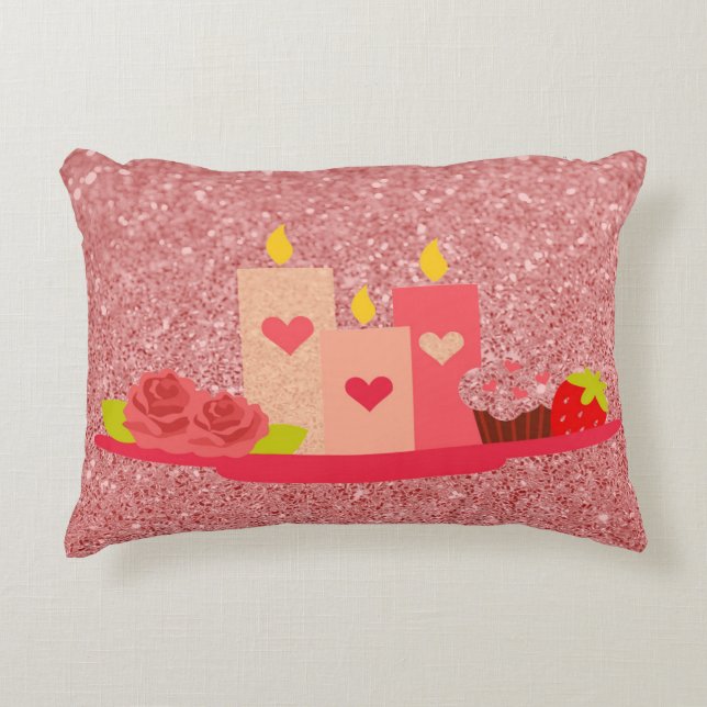 Valentine's Day Candles Coral Faux Glitter Decorative Cushion (Front)