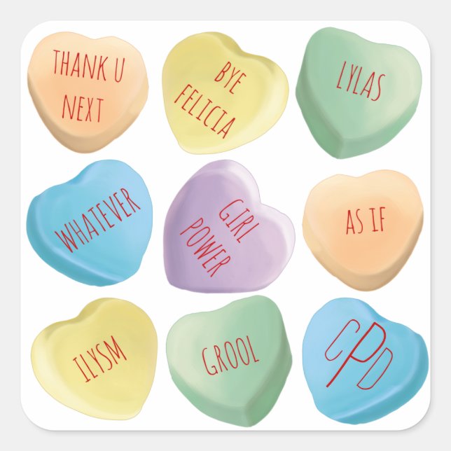 Valentine's Day candy conversation hearts Square Sticker (Front)
