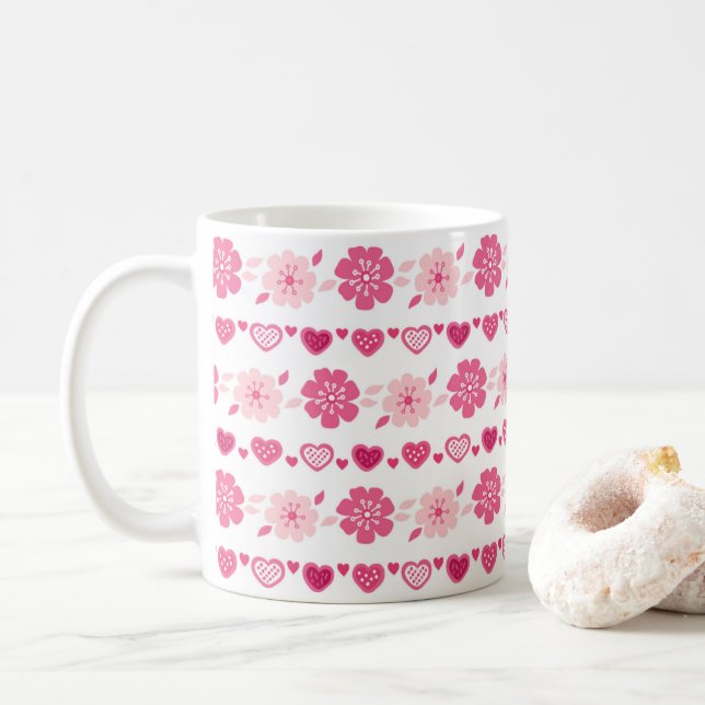 Valentine's Day Candy Hearts Flowers Pattern Coffee Mug (With Donut)