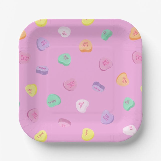 Valentines Day Candy Hearts Pattern Paper Plate (Front)