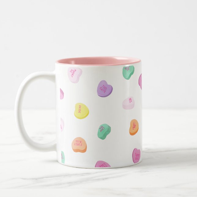 Valentines Day Candy Hearts Pattern Two-Tone Coffee Mug (Left)