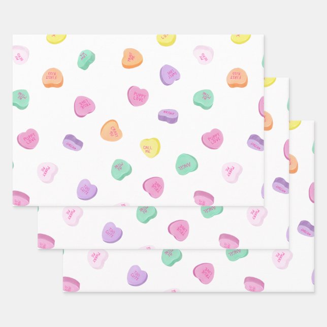 Valentines Day Candy Hearts Pattern Wrapping Paper Sheet (Set)