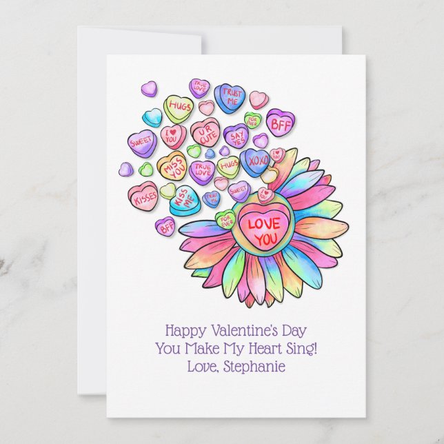 Valentine's Day Card Candy Hearts Flowers Rainbow  (Front)