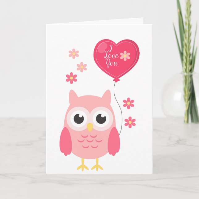 Valentines Day Card Cute Pink Owl I Love You (Front)