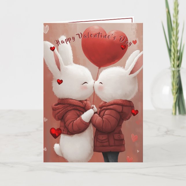 Valentine's Day Card Kissing Bunnies Red Hearts (Front)