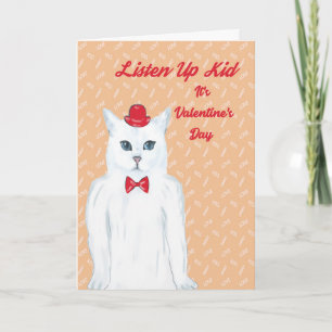 Valentine's Day Card White Cat, Hat, Bow Tie