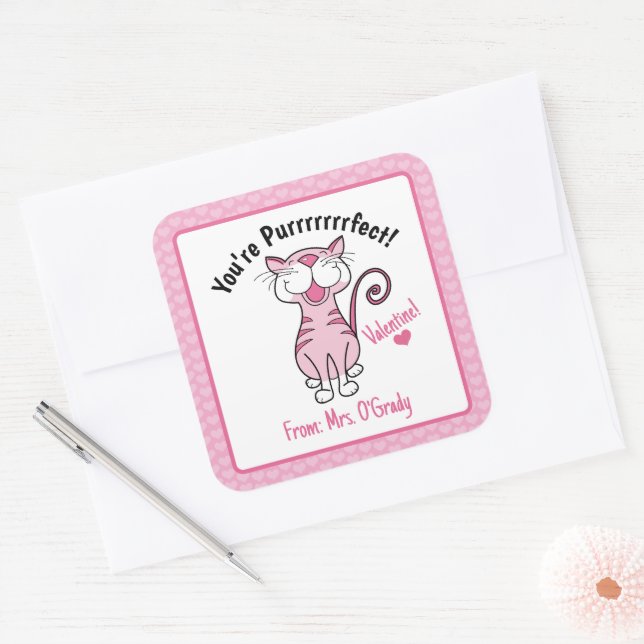 Valentine's Day Cat You're Purrrfect Kids Teacher Square Sticker (Envelope)