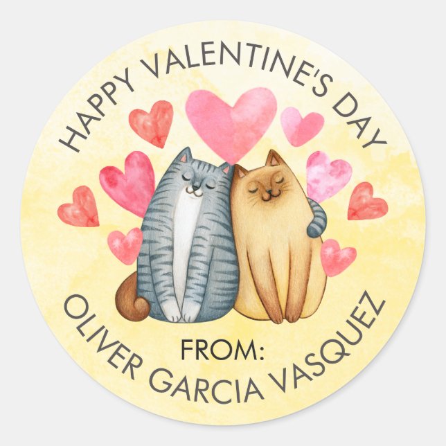 Valentines Day Cats Hearts Favours Treat Bags Cute Classic Round Sticker (Front)