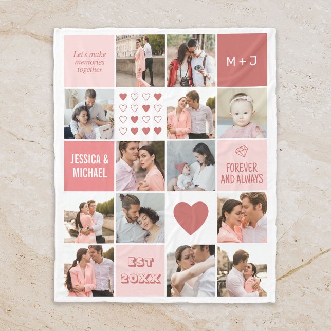 Valentine's Day Chic Couple Photo Collage Pink Fleece Blanket (Valentine's Day Couple Blanket)