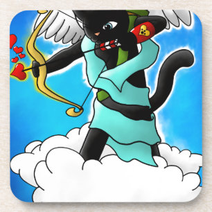 Valentine's Day Coal Black Cupid Cat+BGC Coaster
