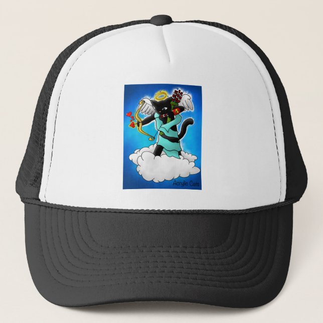Valentine's Day Coal Black Cupid Cat+BGC Trucker Hat (Front)