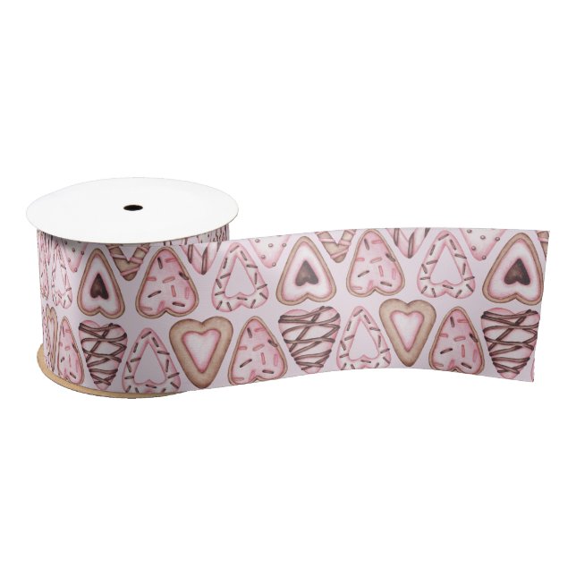 Valentine's Day Cookie Watercolor pattern Satin Ribbon (Spool)