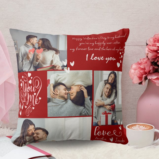 Valentines day couple Photo collage red and pink Cushion (Creator Uploaded)