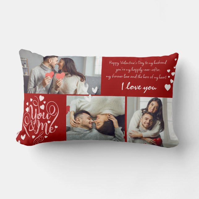 Valentines day couple Photo collage red and pink Lumbar Cushion (Front)
