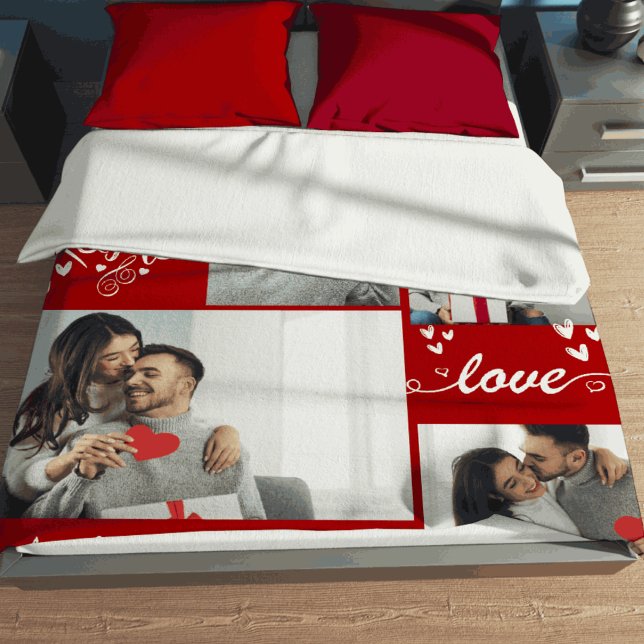 Valentines day couple Photo collage red Love Fleece Blanket (Creator Uploaded)