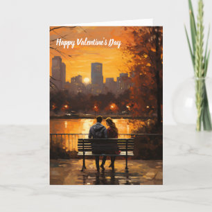 Valentine's day Couple sitting on bench Holiday Card