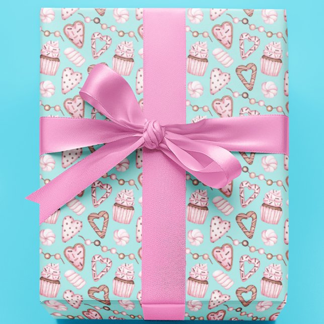 Valentine's Day Cupcake Cookie Watercolor pattern Wrapping Paper (Creator Uploaded)