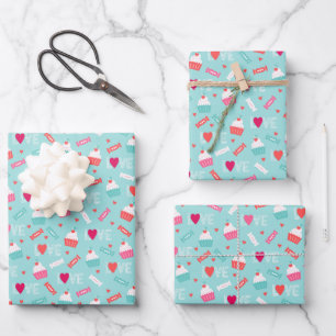 Valentine's Day Cupcakes Candy Red Hearts Wrapping Paper Sheet