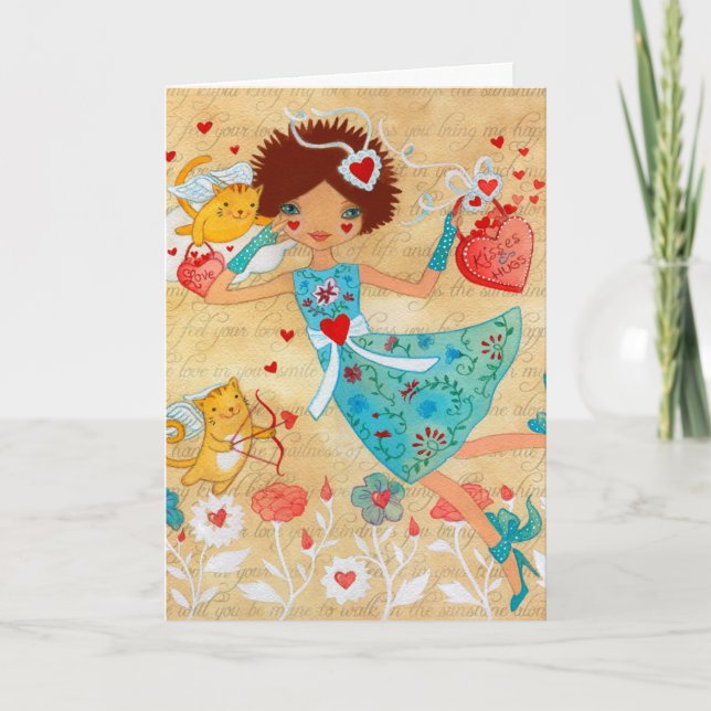 Valentine's Day Cupid Cats with Hearts and Flowers Holiday Card (Front)