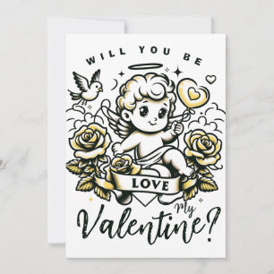 Valentine's Day cupid with yellow roses and dove Holiday Card
