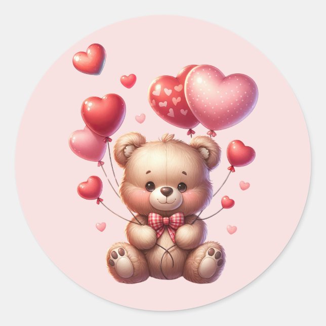 Valentines Day Cute Bear Holding Balloons Classic Round Sticker (Front)