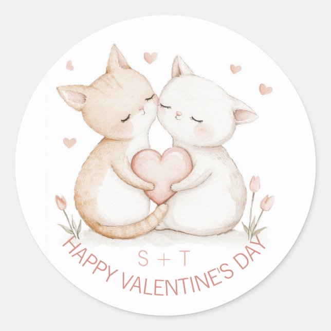 Valentine's Day Cute Cat Couple Custom Initials Classic Round Sticker (Front)