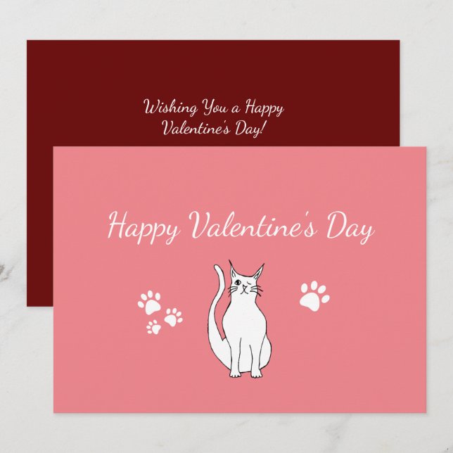 Valentine's Day Cute Cat Drawing Pink Red Holiday Card (Front/Back)