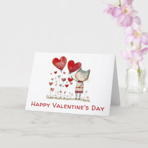 Valentines Day Cute Cat Hearts Watercolor Card