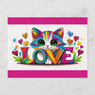 Valentines Day Cute Cat Rainbow Love Hearts Postcard