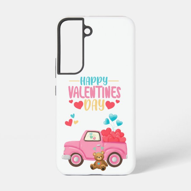 Valentine's Day Cute Hearts Pink Truck Teddy Bear Samsung Galaxy S22 Case (Back)